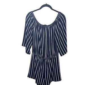 Forever 21 Blue Striped Off Shoulder Ruffle Sleeve‎ Romper, Medium